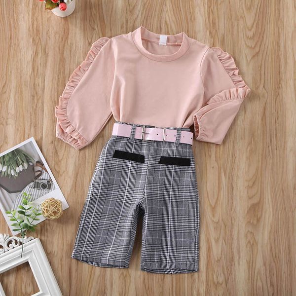 

kids clothing sets girls outfits baby clothes children dress lace sleeve belt plaid pants childrens two-piece suit b7603, White