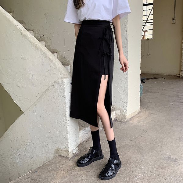 

skirts ~irregular split suit medium long high waist dign sense of niche a-line skirt, Black