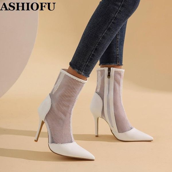 

boots ashiofu handmade womens high heels 2021 real-pos air-mesh patchwork evening white color fashion short, Black