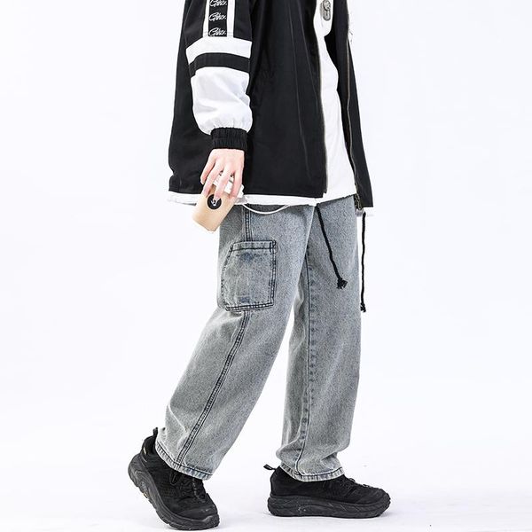 

men's jeans skeleton oversized pants denim streetwear hip hop overalls, Blue