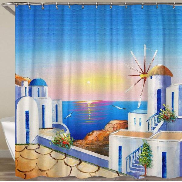 

shower curtain,oil painting greece island view the sunset from the most beautiful island of greece pattern print,polyester