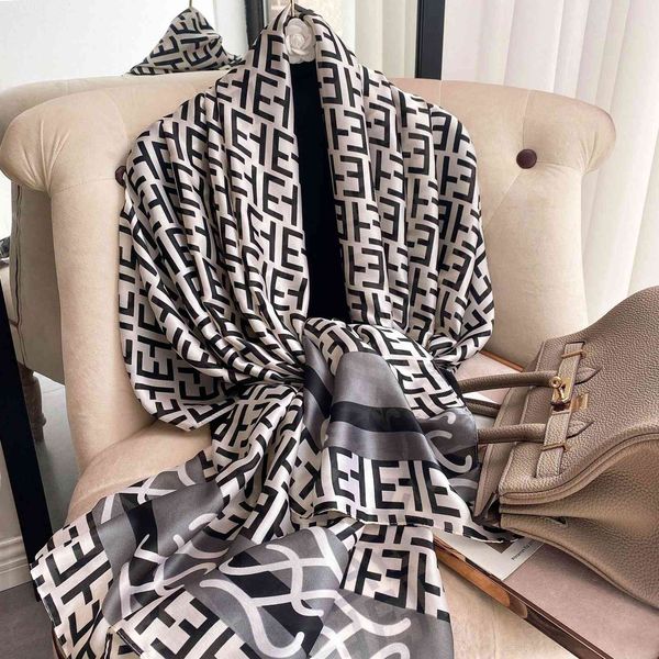 

design new satin spring and autumn new printing silk like decorative shawl with sun protection beach towel scarf, Black;purple