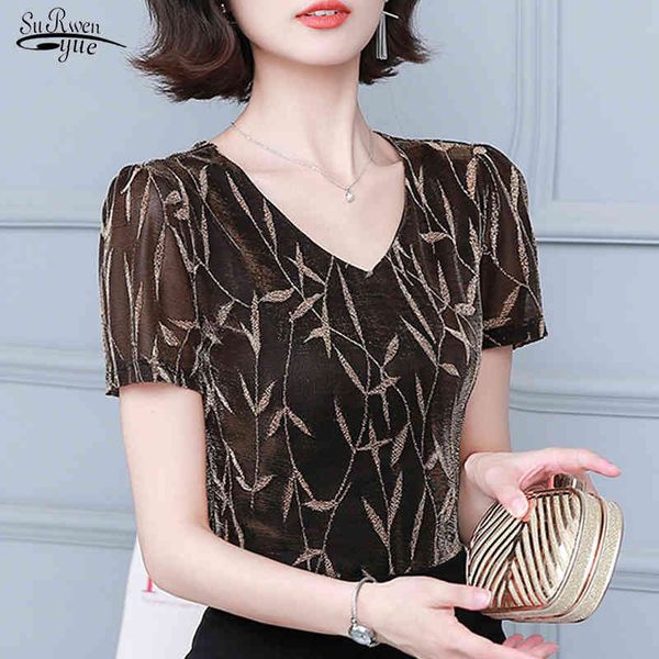 

summer gold short sleeve elastic print women shirts casual plus size v neck blouse womens pullover blusas mujer 10363 210508, White