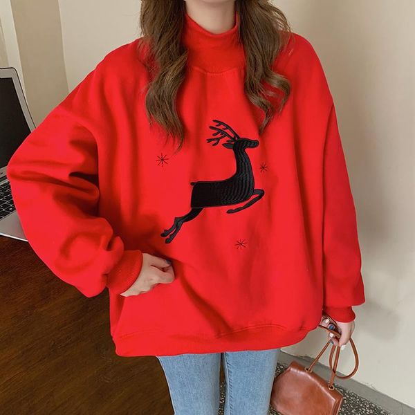 

women's hoodies & sweatshirts women 's hoodie christmas jumper red cartoon deer year loose half high collar pullover streetwear ho, Black