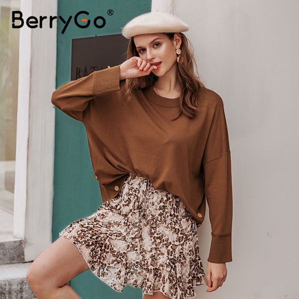 

berrygo knitted buttons long sleeve brown jumper women autumn winter solid pullover sweater female casual elastic 210513, White;black