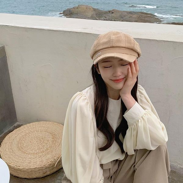 

stingy brim hats april half home autumn and winter octagonal hat female wild simple letter beret literary painter sboy, Blue;gray