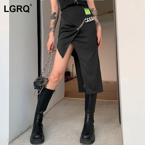 

skirts [] high elastic waist half-body black casual asymmetrical chain skirt women fashion tide spring summer 2022 19d1534