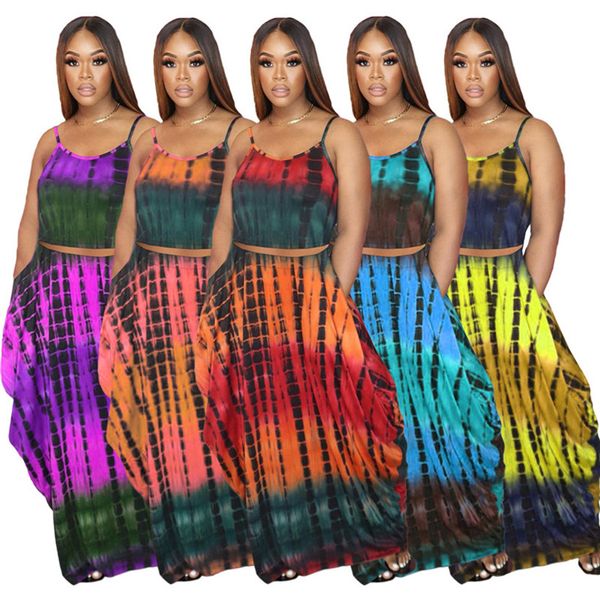 

summer women tie dyed two piece dress tank maxi dresses 2 pieces sets plus size s-2xl outfits trendy tracksuits sleeveless colorful t-shirts, White