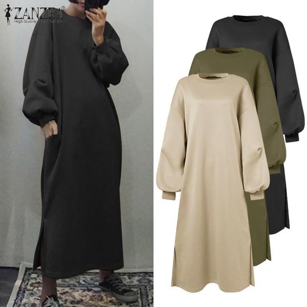 

casual dresses female autumn fashion pocket sweatshirt dress zanzea long puff sleeves maxi robe lady solid o neck vestidos oversized 5xl lkz, Black;gray