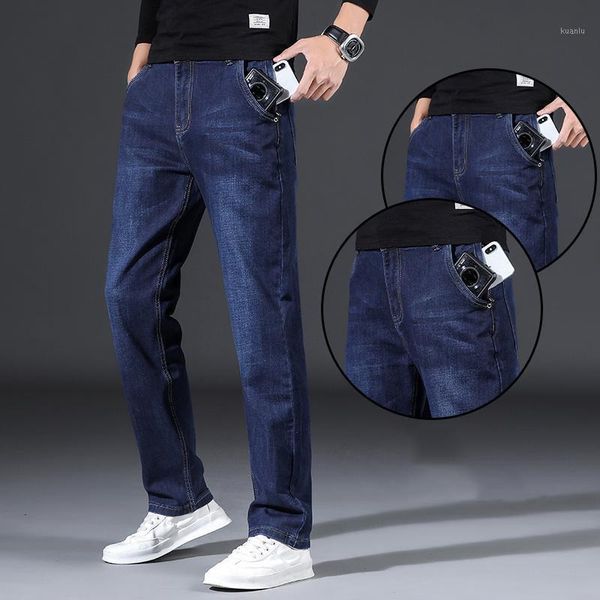 

men's jeans classic mark men anti-theft rits herfst winter business casual loss denim broek male stretch warm, Blue