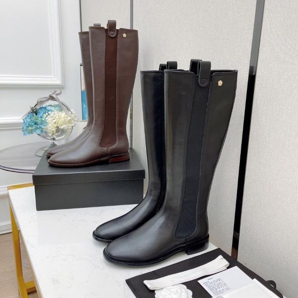 

boots long women sheos winter genuine leather low heels knee-high metal decoration slip-on designer shoes botas femininas, Black