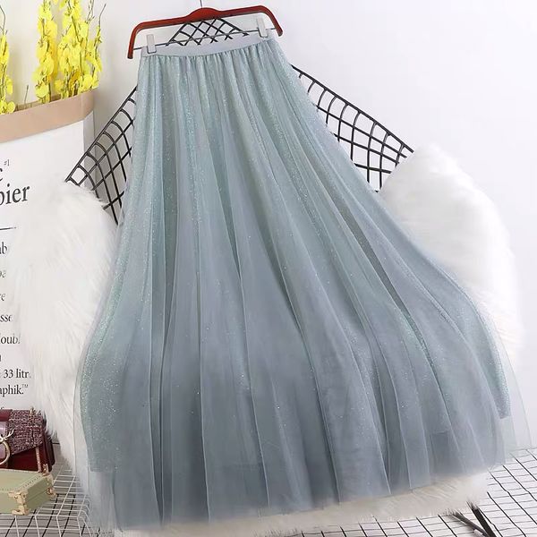 

casual dresses korean style fashion tulle skirts women spring autumn elastic high waist female elegant mesh midi long a-line 94ku, Black;gray
