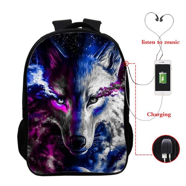 

backpack mochila student school bags cartoon cool wolf printed 16 inch usb middle teens boys girl bookbag