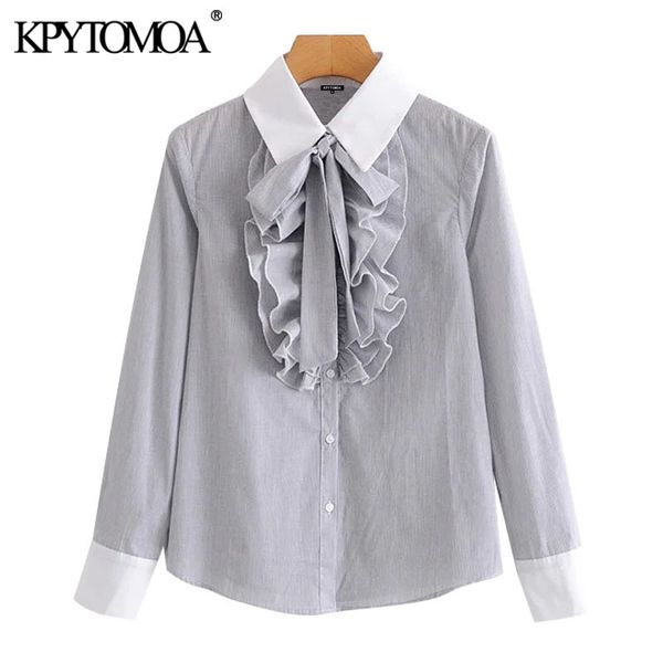 

women fashion with bow ruffled office wear blouses vintage long sleeve button-up female shirts blusas chic 210416, White