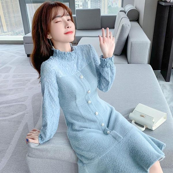 

casual dresses 2021 women autumn winter sweater vestido lady slim turtleneck long sleeve knitted female loose mermaid dress d171, Black;gray