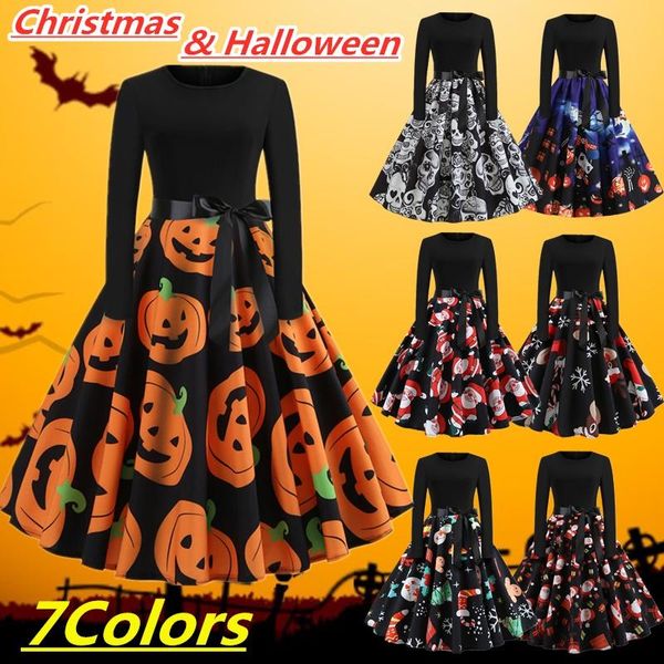 

casual dresses fashion women autumn and winter xmas clothes christmas dress halloween costume long sleeve pumpkin skull 3d print party, Black;gray