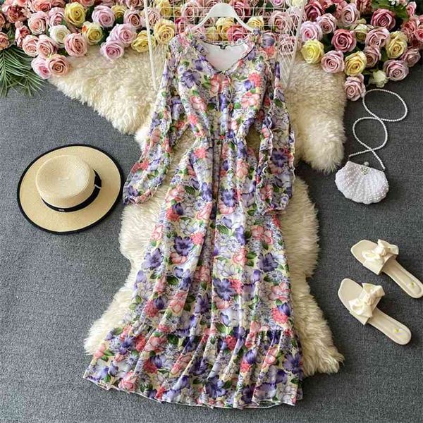 

spring autumn dresses for women retro v-neck chiffon floral waist slim ruffled swing uk437 210506, Black;gray