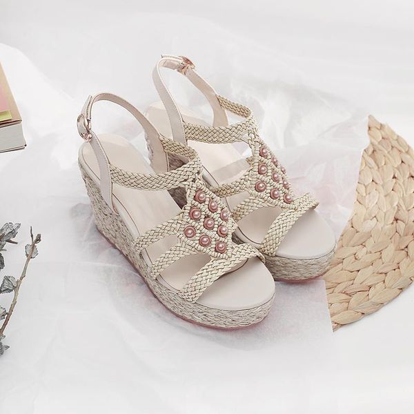 

women's weaving wedge platform sandals open toe summer high heel sandalias quality beading bohemia style shoes on sale, Black