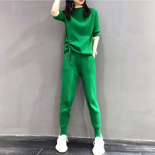 

women's tracksuits casual half sleeve knitted two-piece suits lace-up pleated knitwear t-shirt and classic sweatpants fashion sets, Gray