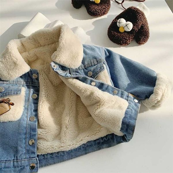 Зимние корейские джинсы дети бархат джинсовые джинсовые детские куртки пальто ребенка мальчик девочек куртки верхняя одежда пальто Teddy Parka снег 211204
