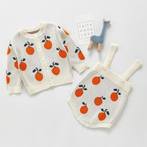 Frühling neuer niedlicher orangefarbener druck baby pullover baby mädchen gestrickte bodysuit kleinkind infant overalls kinder stricken cardigan tops 210413