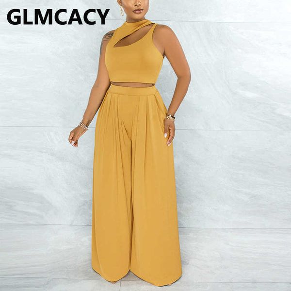 

7 colors two piece chic streewear summer suits sleeveless crop & loose wide leg pants set 210702, White