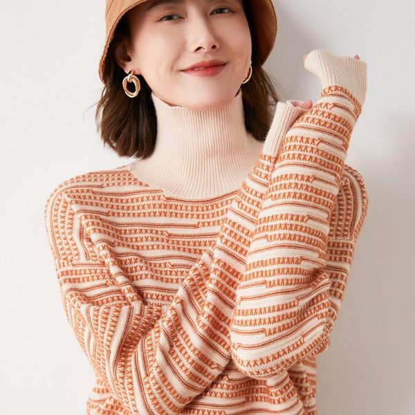 

women's sweaters 2021 autumn and winter turtleneck sweater striped stitching foreign temperament long-sleeved outer wear, White;black