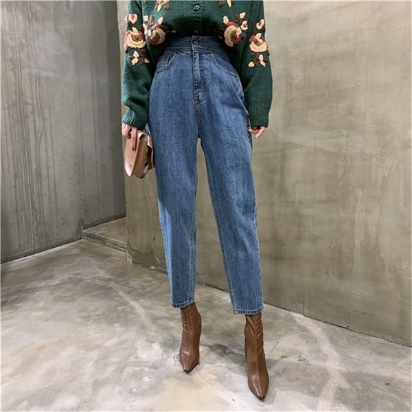 

blue solid high waist streetwear quality jeans denim ankle-length pants sweet woman casual pencil 210421