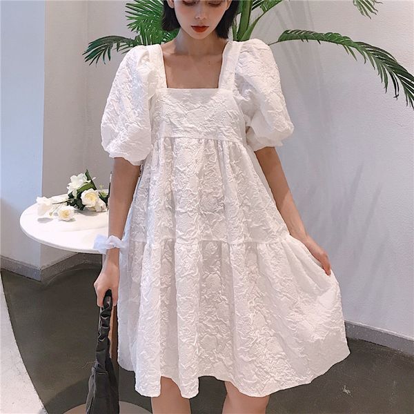 

casual dresses [ewq] women elegant minimalism purple pleated mini dress square collar short puff sleeve loose fashion summer 16w875 n0mu, Black;gray