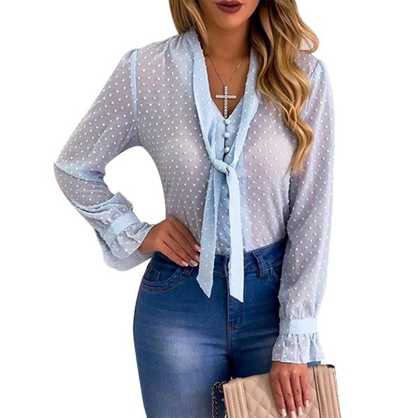 

women's blouses & shirts 2021 summer polka dot blouse women clothes casual v-neck long sleeve and plus size shirt, White
