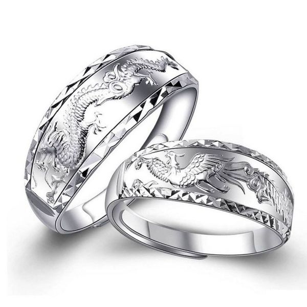 

990 ring sterling silver dragon phoenix couple ethnic style men's and women's silver ring 7g