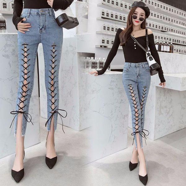 

women's jeans high waist slim 2021 ladies cross strap, Blue