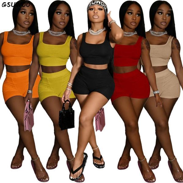 

women's tracksuits gsuwoo women solid color summer sport casual sets tank crop and shorts tracksuit fitness vest outfits clothing s-xxl, Gray