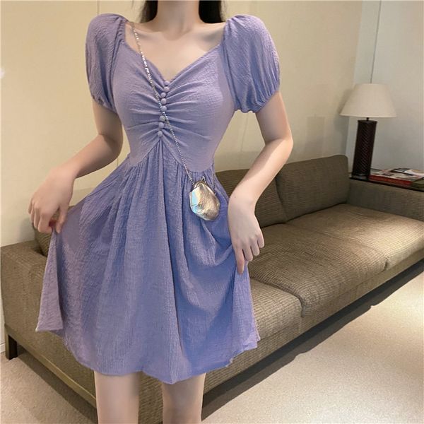 

elegant v neck short sleeve dress women solid color slim waist summer dresses female korean fashion vestidos 210429, Black;gray