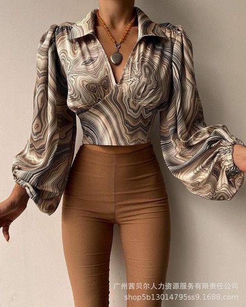 

women's blouses & shirts spot 2021 printed v-neck waist lantern sleeve top, White