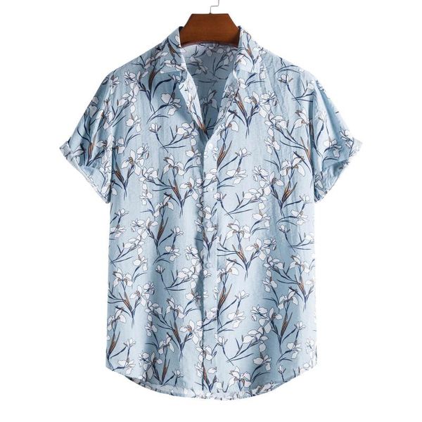 

men's casual shirts summer floral print buttons turn-down collar short sleeve for men fashion loose shirt camisas de hombre, White;black