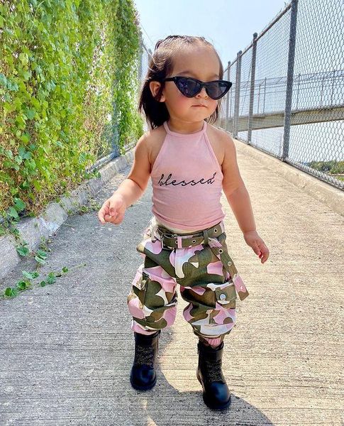 

summer toddler girl sleeveless letter printed high neck halter camouflage long pants 2pcs outfits children clothing sets, White