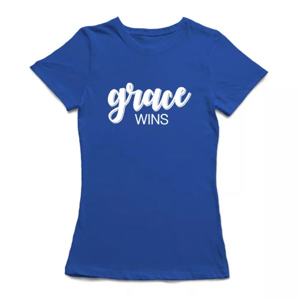 

"grace wins" white italics quote at the medium front women's royal blue t-shirt, White;black