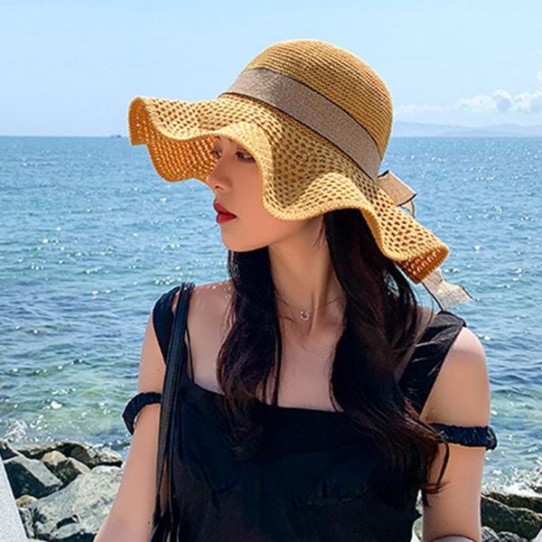 

wide brim hats simple foldable floppy girls straw hat sun beach women summer uv protect travel cap lady female, Blue;gray