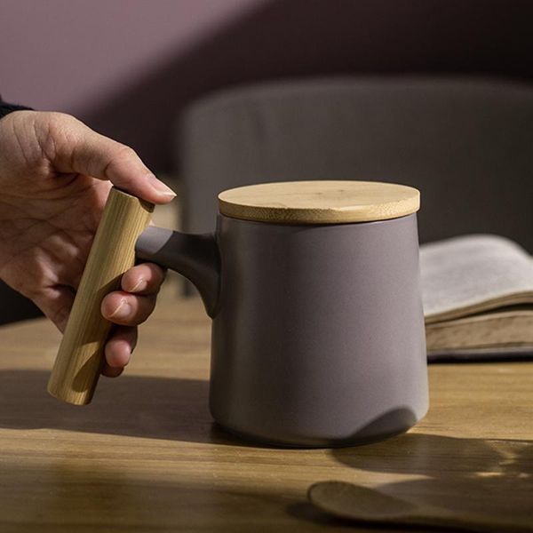 

mugs ceramic with wooden handle matte gray yellow 350ml coffee tea cup
