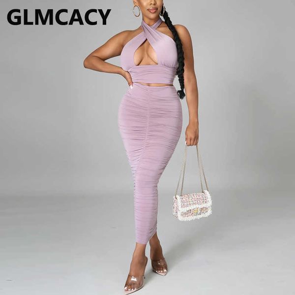 

two piece solid dress suits halter crop & bodycon maxi skirt set 210702, White