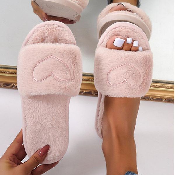 

slippers women fluffy heart pattern open toe home shoes flat furry ladies winter warm shoe female plush comfortable slipper, Black