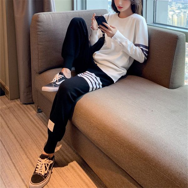 

tb knitted sweatpants women's 2021 autumn new loose 4-bar lovers' harlan pants sweater leggings, Black;white