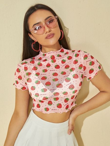 

mock neck strawberry print lettuce trim crop mesh l9tq#, White