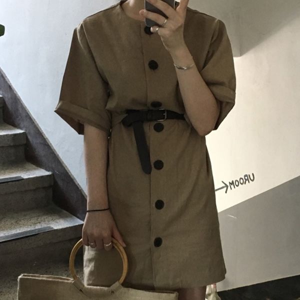 

women vintage single breasted sashes dress round neck half sleeve loose fit fashion casual summer 16f0701 210510, Black;gray