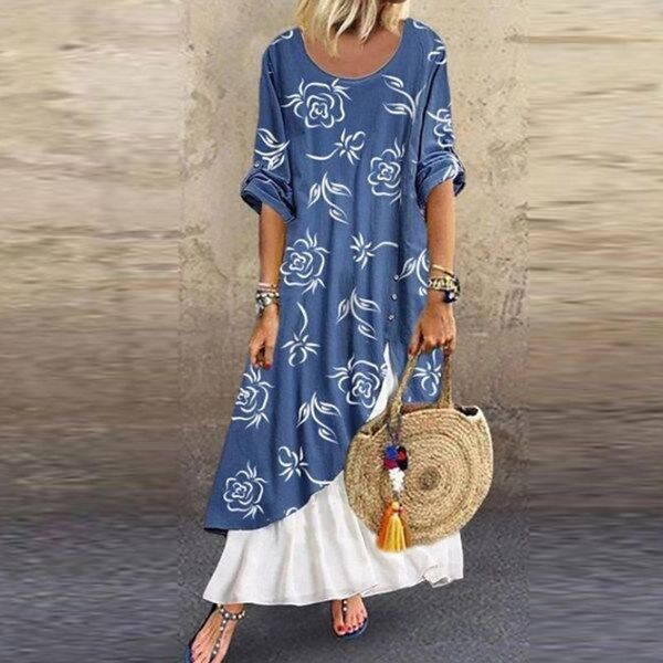 

casual dresses 2021 womens spliced dress printing of rose ladies irregular hem skirt half sleeve o-neck autumn clothes robe femme, Black;gray