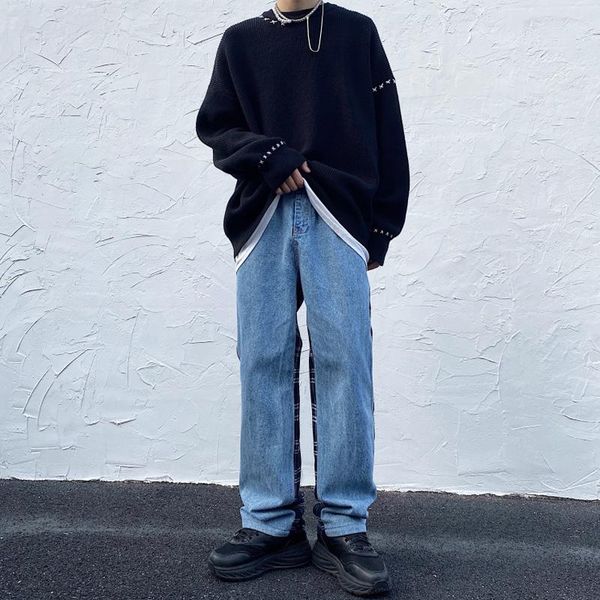 

vintage washed jeans women style fashion plaid stitching loose high waist wide-leg pants casual man women's, Blue