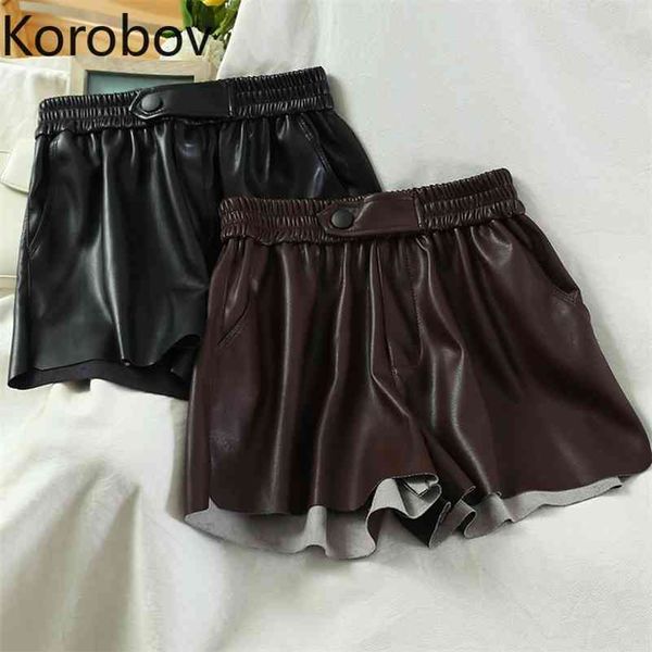 Korobov vintage elegante streetwear moda pu shorts coreano elásticos altos cintura outono inverno calças curtas novas shorts chic 210430