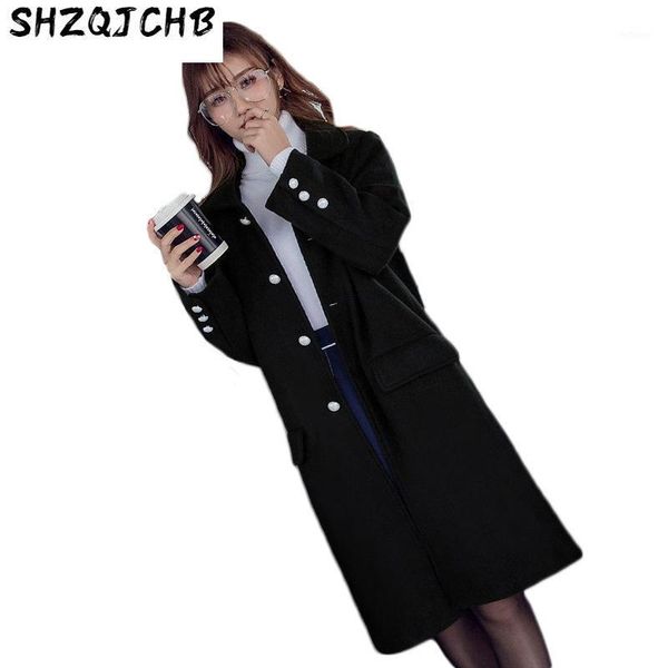 

women's wool & blends jchb 2021 warm slim long women fashion coat solid single breasted winter jacket black cashmere