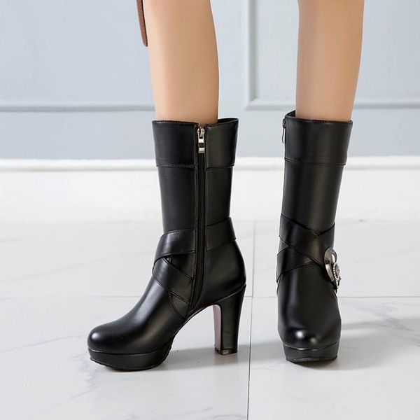 

boots big size 9 10 11 12 women woman winter shoes botas belt buckle water drill side zipper thick bottom, Black